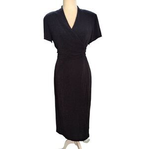 Virgo Women's Black Sparkle Short Sleeve Party Cocktail Crossover Midi Dress 12P